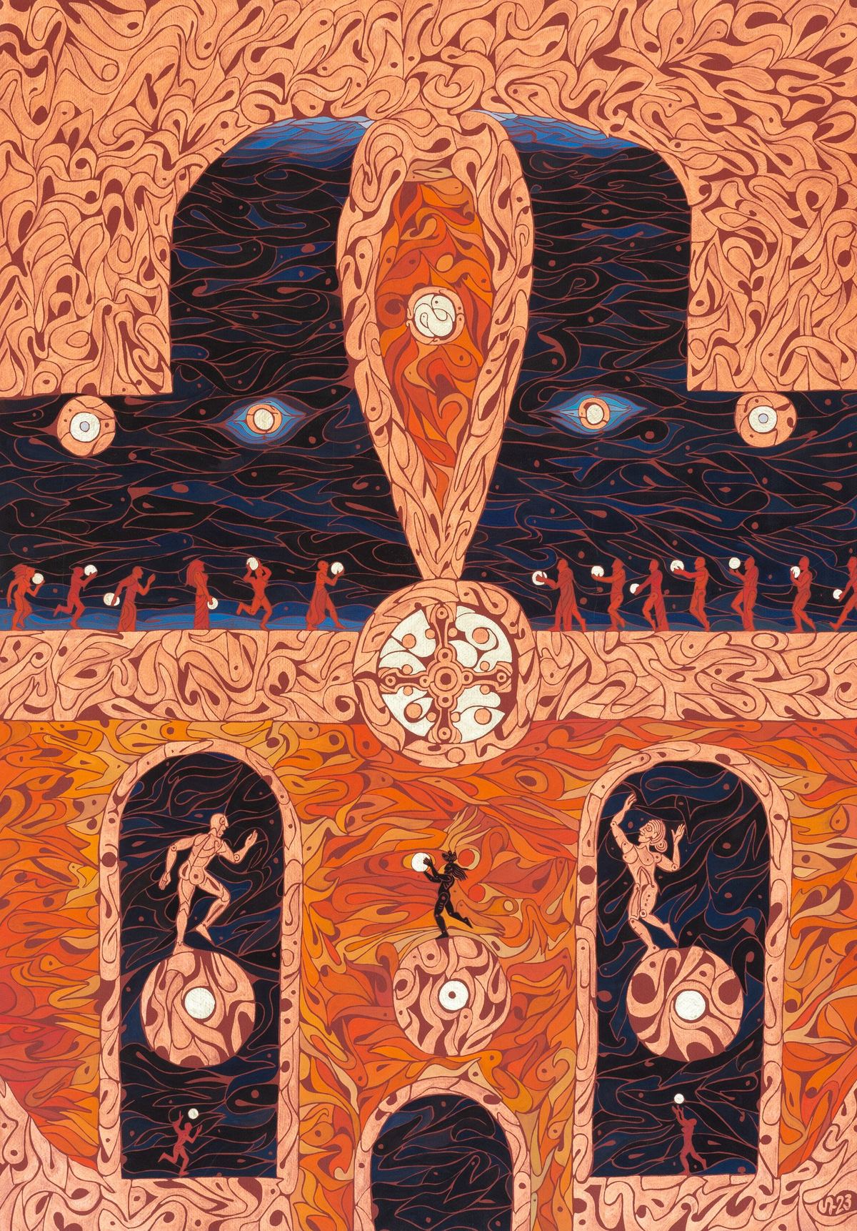 Pintura de David Sahakyants en tonos naranjas con figuras sobre esferas.