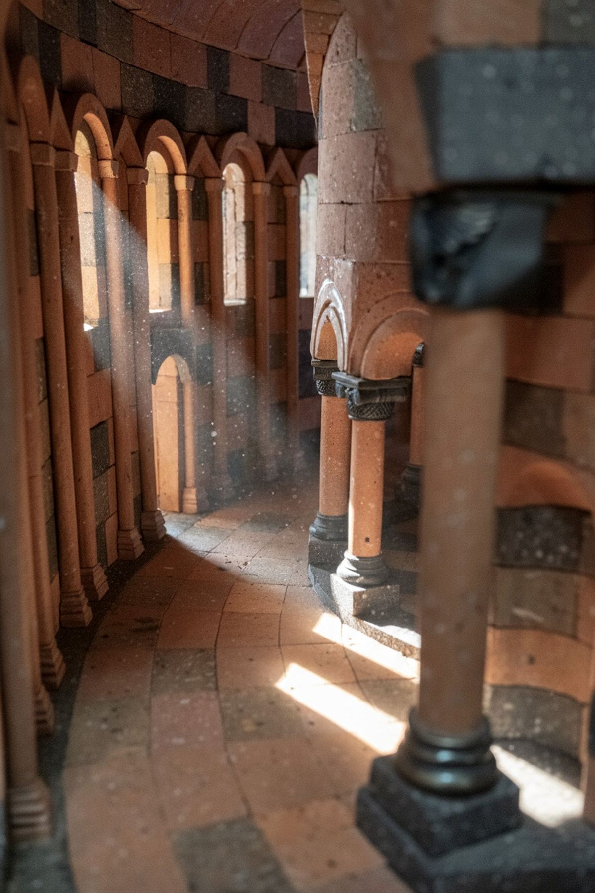 Interior de la maqueta en toba de Zvartnots, con rayos de sol entre las columnas.