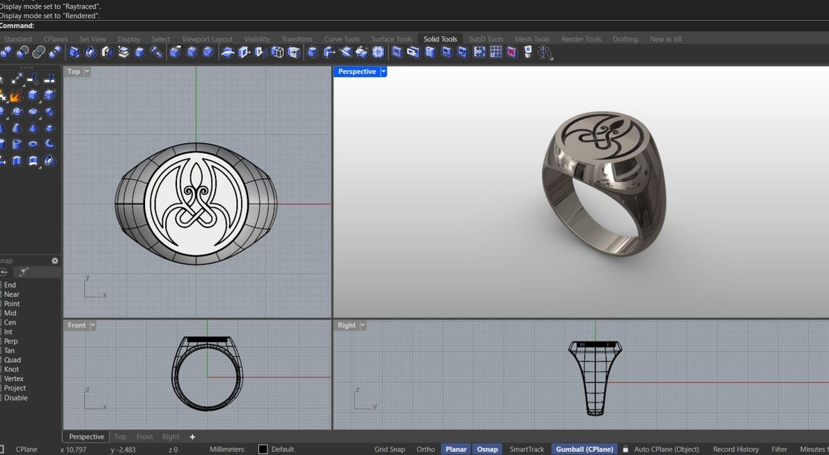 Captura de pantalla del modelo 3D de un anillo de sello con ornamento armenio.