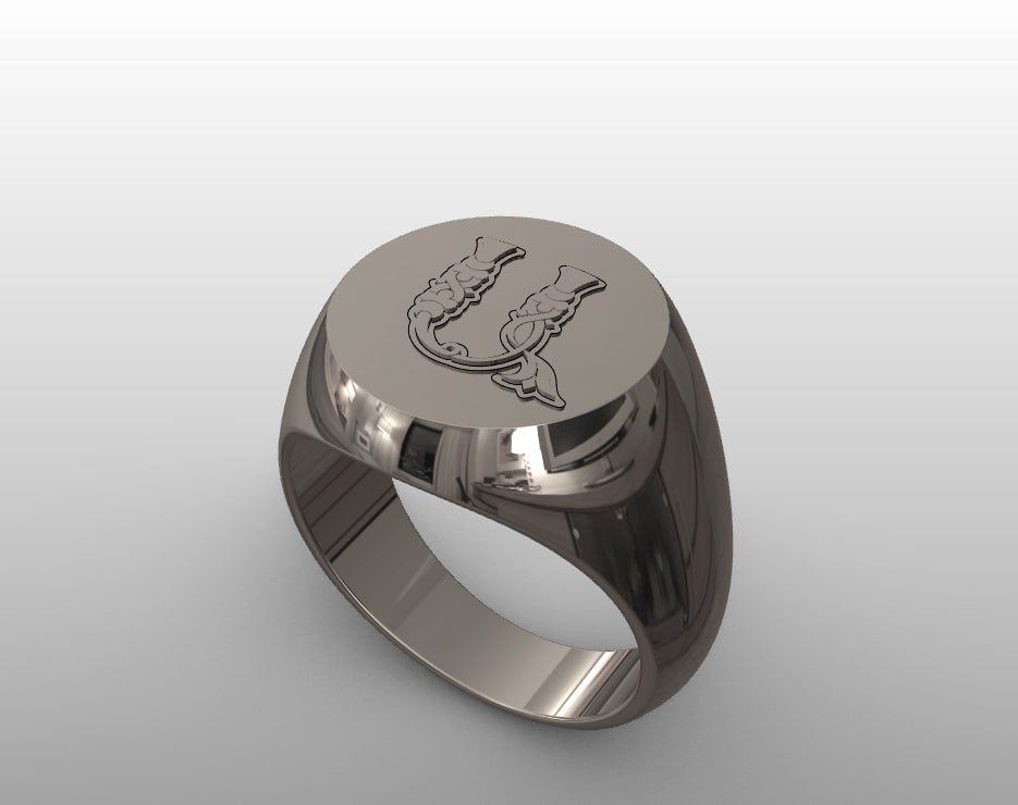 Render 3D de un anillo de sello con la letra armenia Ա en relieve.
